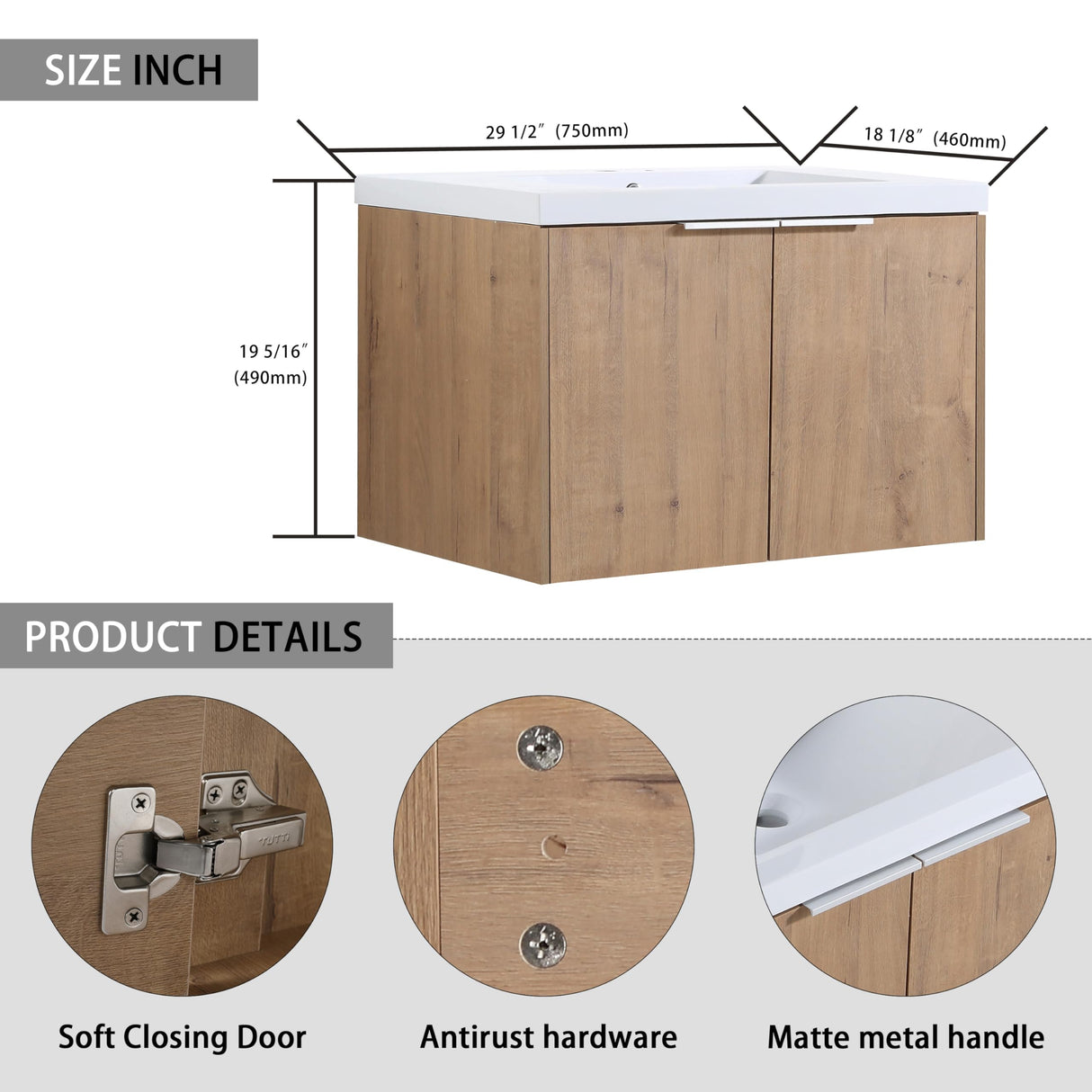 30 inch Bathroom Vanity with Sink, Modern Single Sink Bathroom Vanity, 30" Wall Mounted Bathroom Vanity Cabinet with Resin Basin Top & Soft Closing Doors, Floating Vanity Bathroom in Imitative Oak Minheola