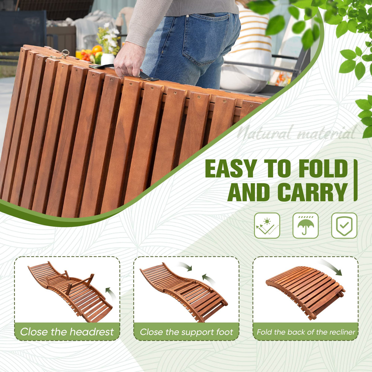 Devoko Patio Chaise Pool Lounge Outdoor Folding Wooden Lounge Chair for Outside Waterproof Lounge Chair (2 Piece) Devoko