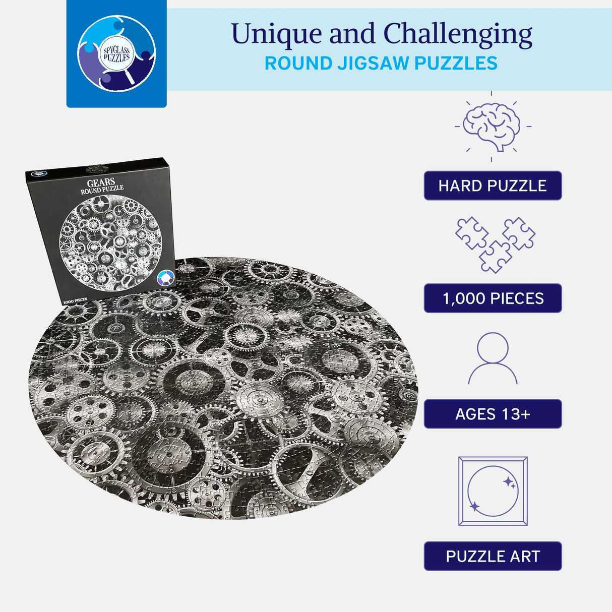 Jigsaw Puzzles for Adults 1000 Pieces Hard Puzzles for Adults and Kids - Unique Round Puzzle - Difficult Near Impossible Black and White Puzzles Fun Gear Puzzle by Spyglass Puzzles Spyglass Puzzles