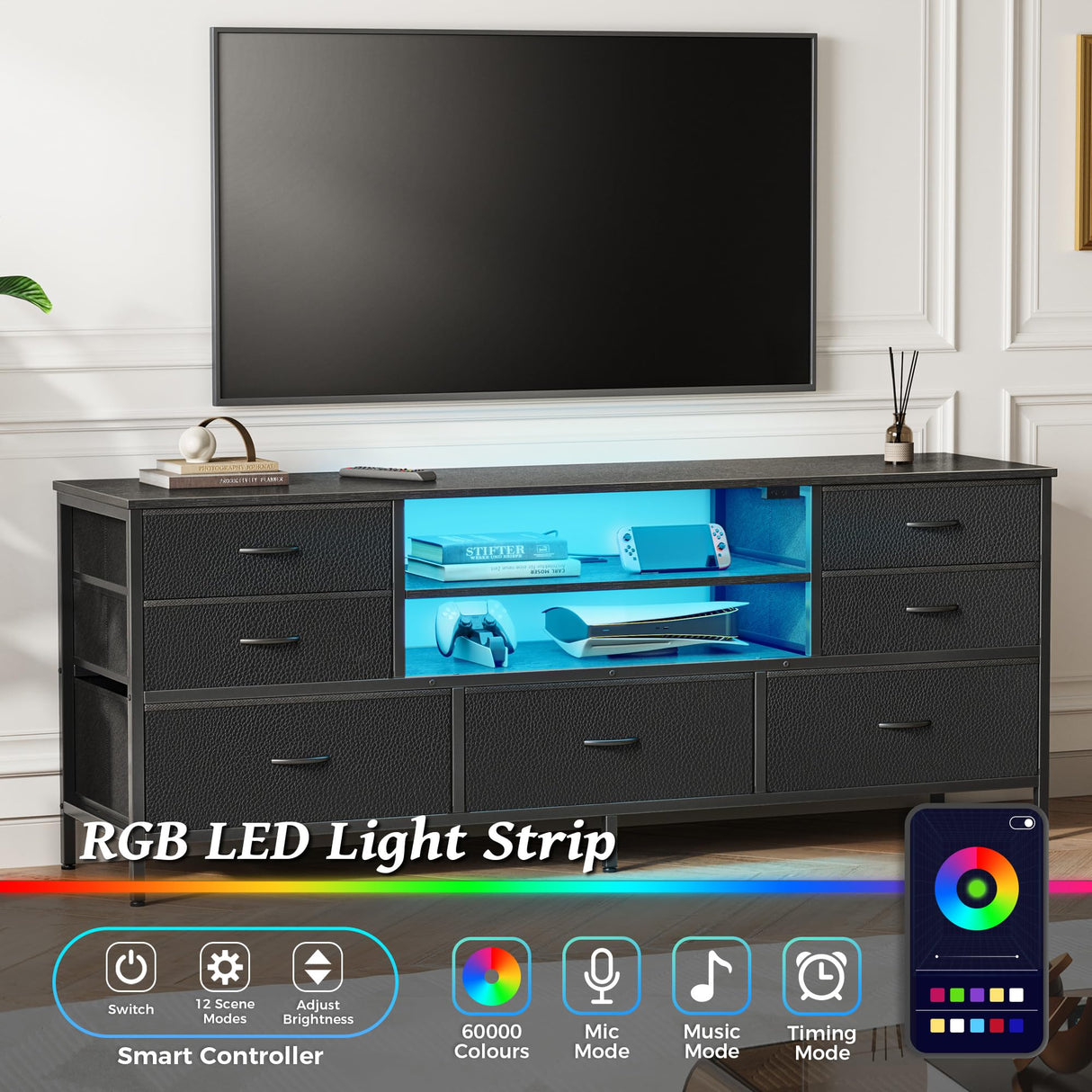 Huuger Dresser for Bedroom With Power Outlets and LED Lights, 7 Drawers TV Stand for 60 Inch TV, Console With Open Shelf, 55 Inches Wide Black, PU Leather Huuger