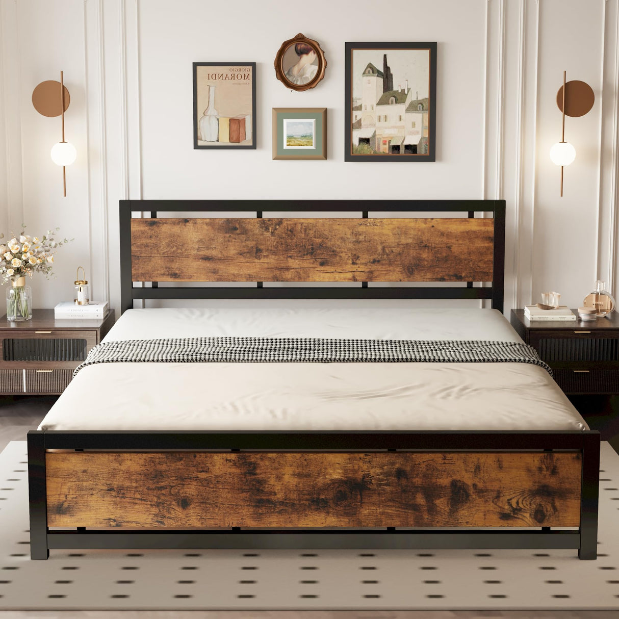 LIKIMIO Industrial King Bed Frame with Vintage Wood Headboard and 12 Strong Metal Legs - Easy Assembly, No Box Spring Needed LIKIMIO