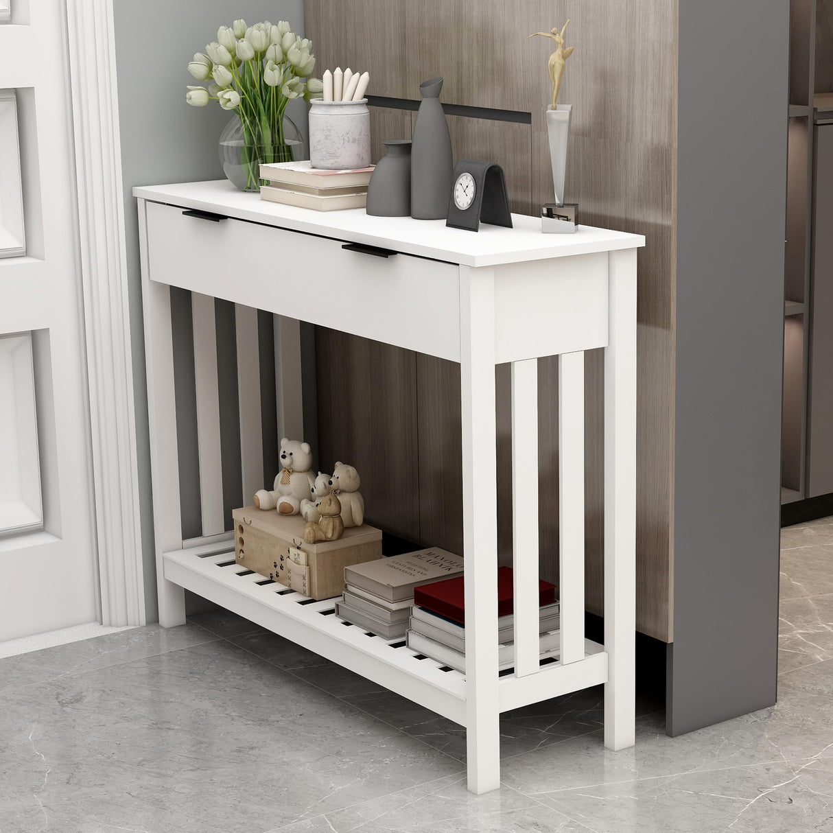 TaoHFE White Narrow Console Table with Storage Modern Wood Entryway Table with Drawer Hallway Table Sofa Tables for Living Room, Entrance Tables for Front Door Corridor, Office, White TaoHFE
