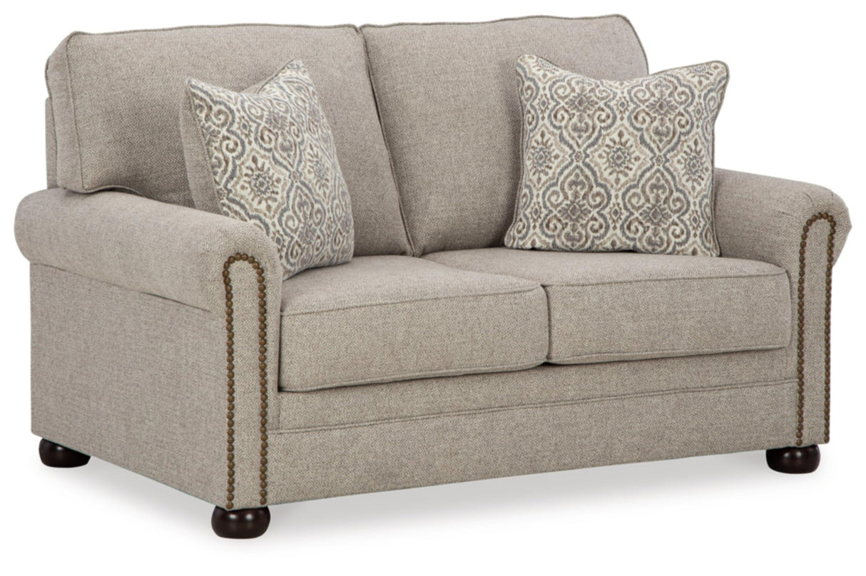 Signature Design by Ashley Gaelon Transitional Loveseat with Nailheads and 2 Accent Pillows, Beige Signature Design by Ashley