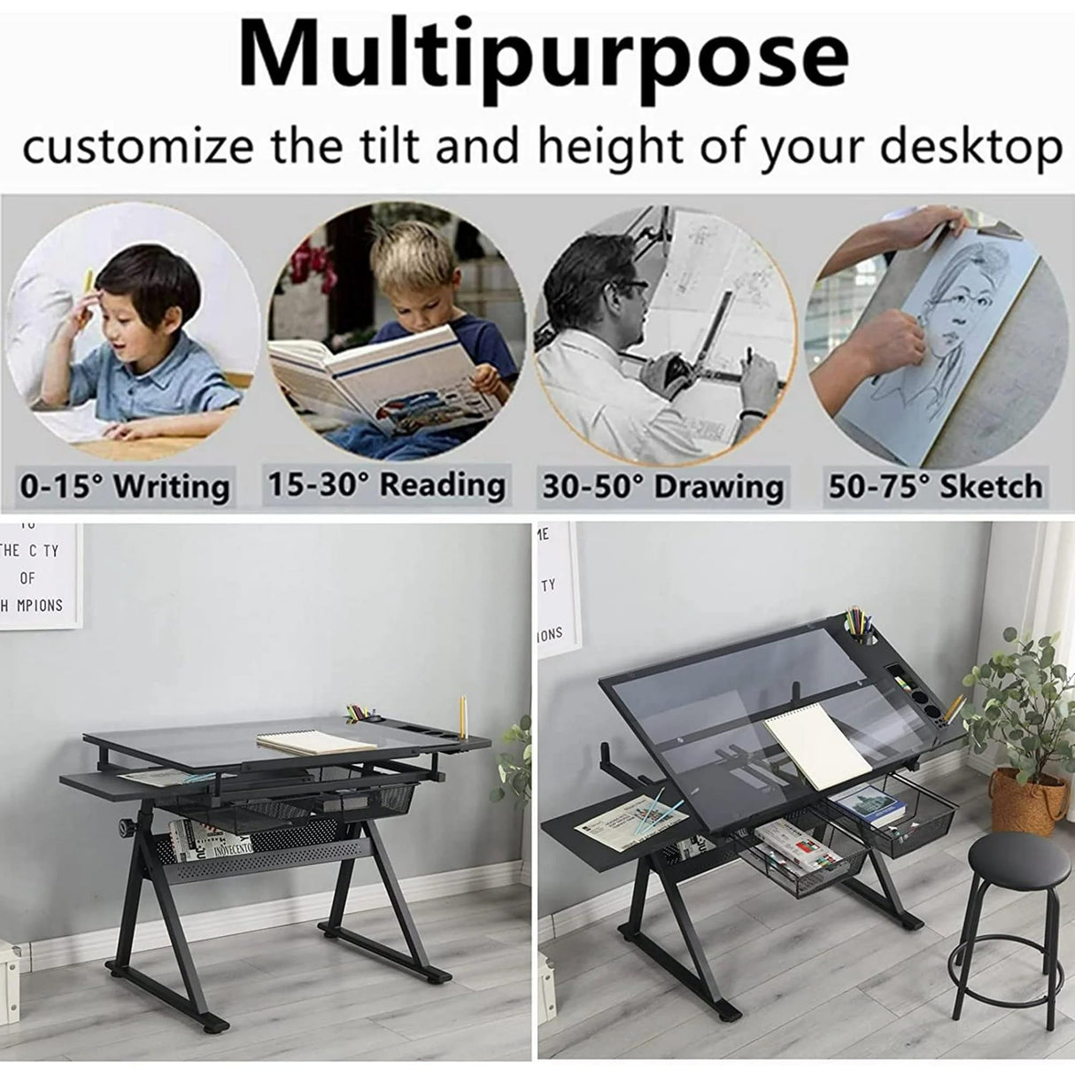 ZephyPaws Glass Drafting Table and Stool Sets, Adjustable Height Drawing Table Art Craft Artist Desk Tilting Glass Tabletop with 2 Storage Drawers for Home Office (Black) ZephyPaws