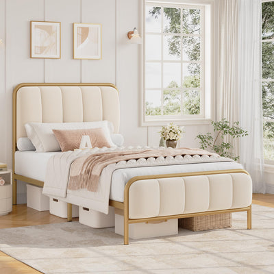 HITHOS Twin Size Bed Frame with Button Tufted Headboard, Upholstered Heavy Duty Metal Mattress Foundation with Wooden Slats, Easy Assembly, No Box Spring Needed (Golden/Off White, Twin)