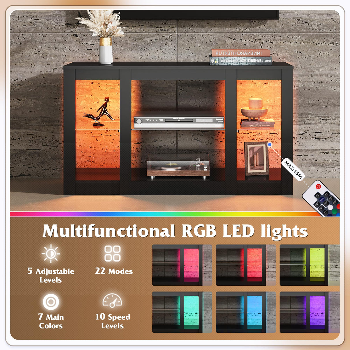 WLIVE TV Stand for 43 Inch TV, Modern Entertainment Center with LED Lights & Adjustable Glass Shelves, Sturdy Media Console for Living Room, Bedroom,Gaming (Black) WLIVE