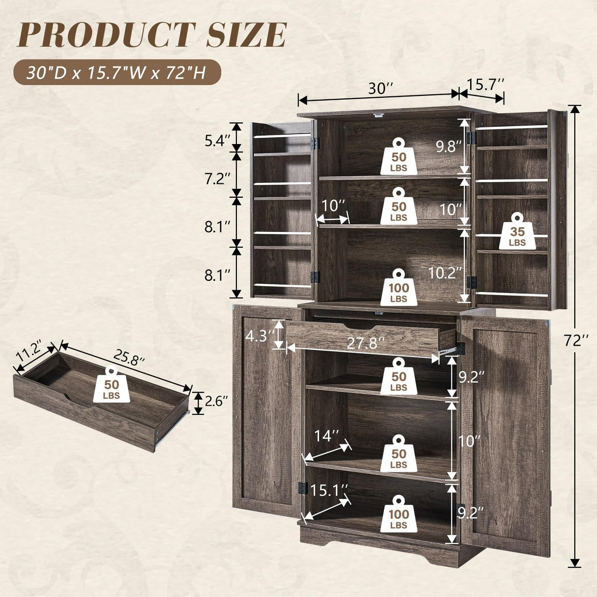 VanAcc 72" Tall Farmhouse Kitchen Pantry Cabinet with Door Organizer & Adjustable Shelves, Wooden Storage Cupboard with Drawer and Barn Doors for Kitchen, Dining Room, Living Room, Grey Oak VanAcc