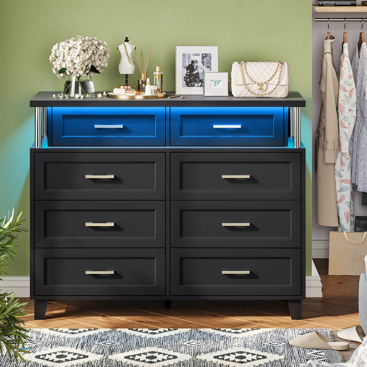 VIAGDO Dresser for Bedroom with 8 Drawers, Chest of Drawers with LED Light, Tall Wide Dresser for Storage and Organization, Black Dresser for Bedroom, Living Room, Closet VIAGDO