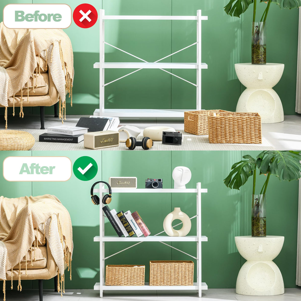 HCHQHS Bookshelf, 3-Tier Industrial Bookcase, White Open Book Shelf, Freestanding Horizontal Bookshelves with Metal Frame HCHQHS