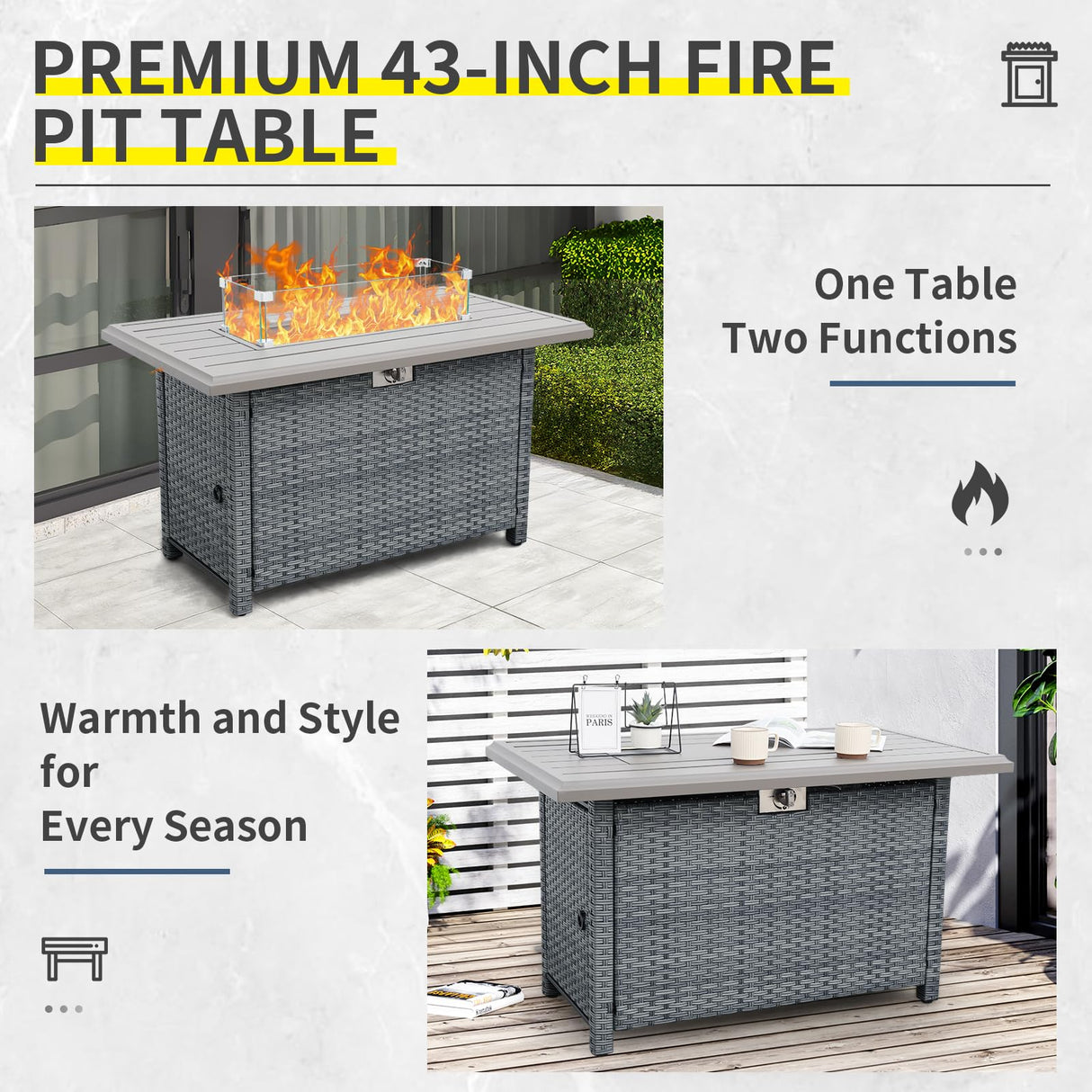 Lviden 5 Piece Wicker Patio Furniture Sets Outdoor Conversation Set, PE Rattan Sectional Sofa Couch with 45" Fire Pit Table and Non-Slip Grey Cushions, Furniture Covers Included Lviden