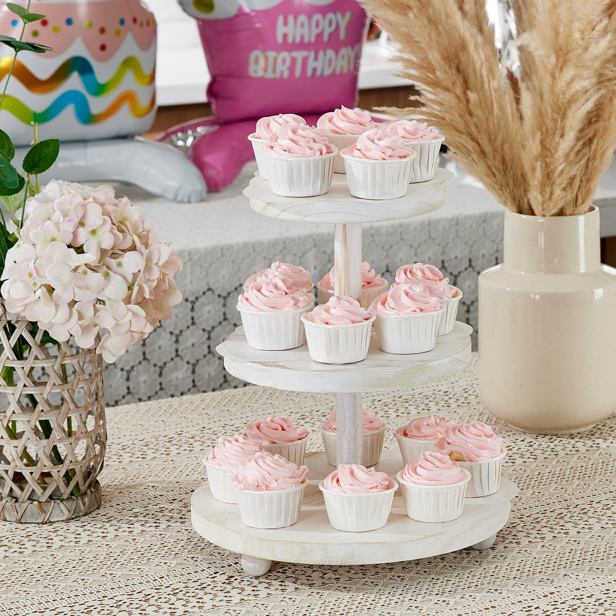 VIVIRBIEN 3 Tier Cupcake Stand Round,Wood Cake Stand with Tiered Tray Decor,Rustic Cake Stand,Cupcake Display for Home Tea Party, Birthday, Wedding, Farmhouse Decor,Woodland Baby Shower…… VIVIRBIEN