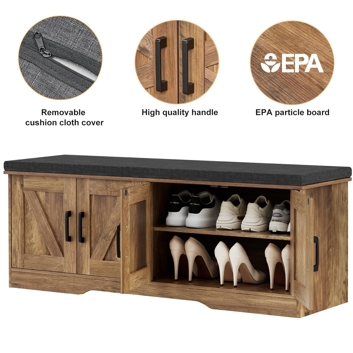 HOMSHO 2-Tier Storage Bench, Shoe Bench with Padded Seat Cushion, Entryway Bench with 4 Barn Doors, Adjustable Shelf, 13.8" D x 47.2" W x 17.7" H, for Entryway, Living Room, Bedroom, Rustic Walnut HOMSHO