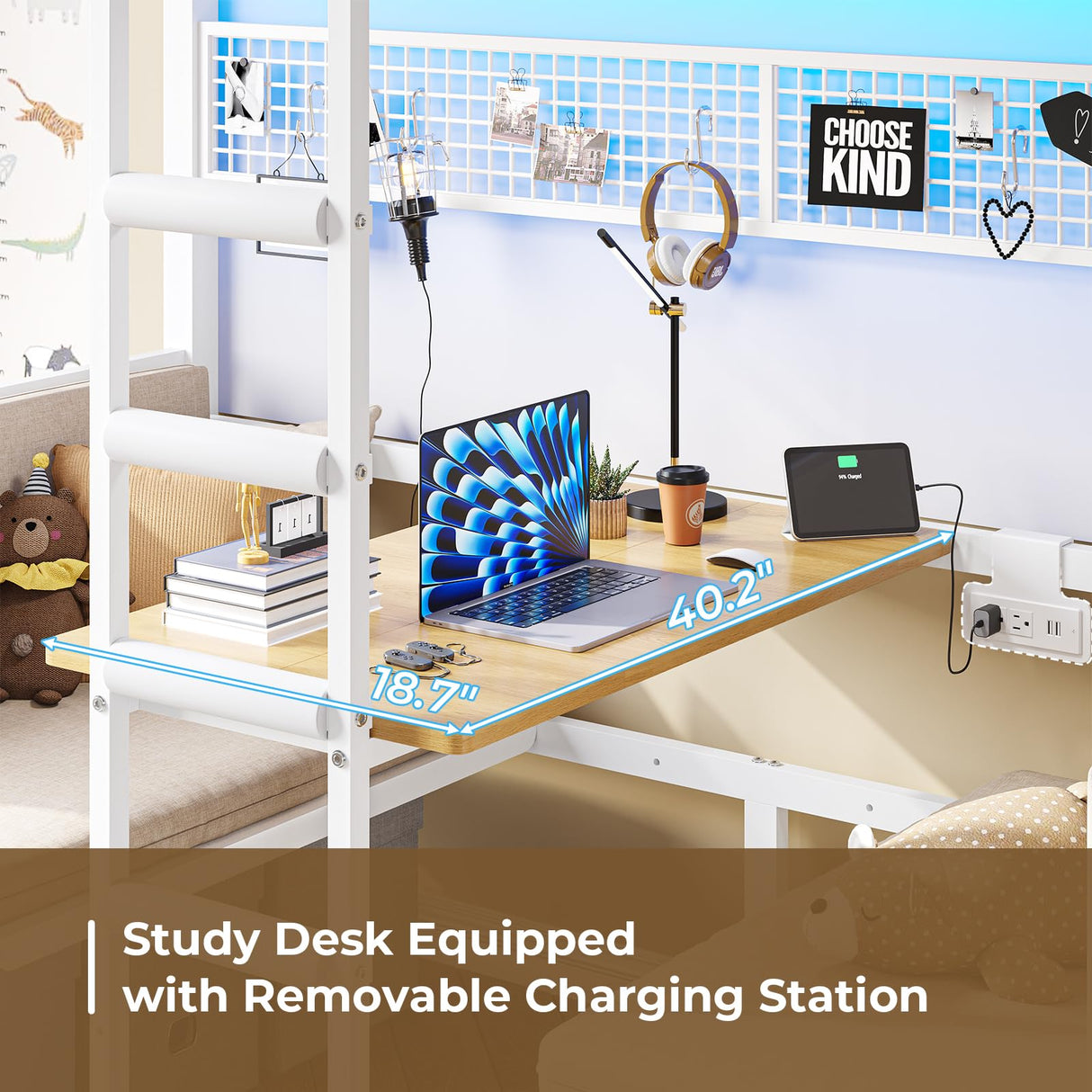 DICTAC Twin Size Loft Bed with Desk and Charging Station Convertible Twin Over Twin Size Bunk Bed with Led Light and Metal Bunk Beds with Desk,Stair and Safety Guard,White(Cushion not Included) DICTAC