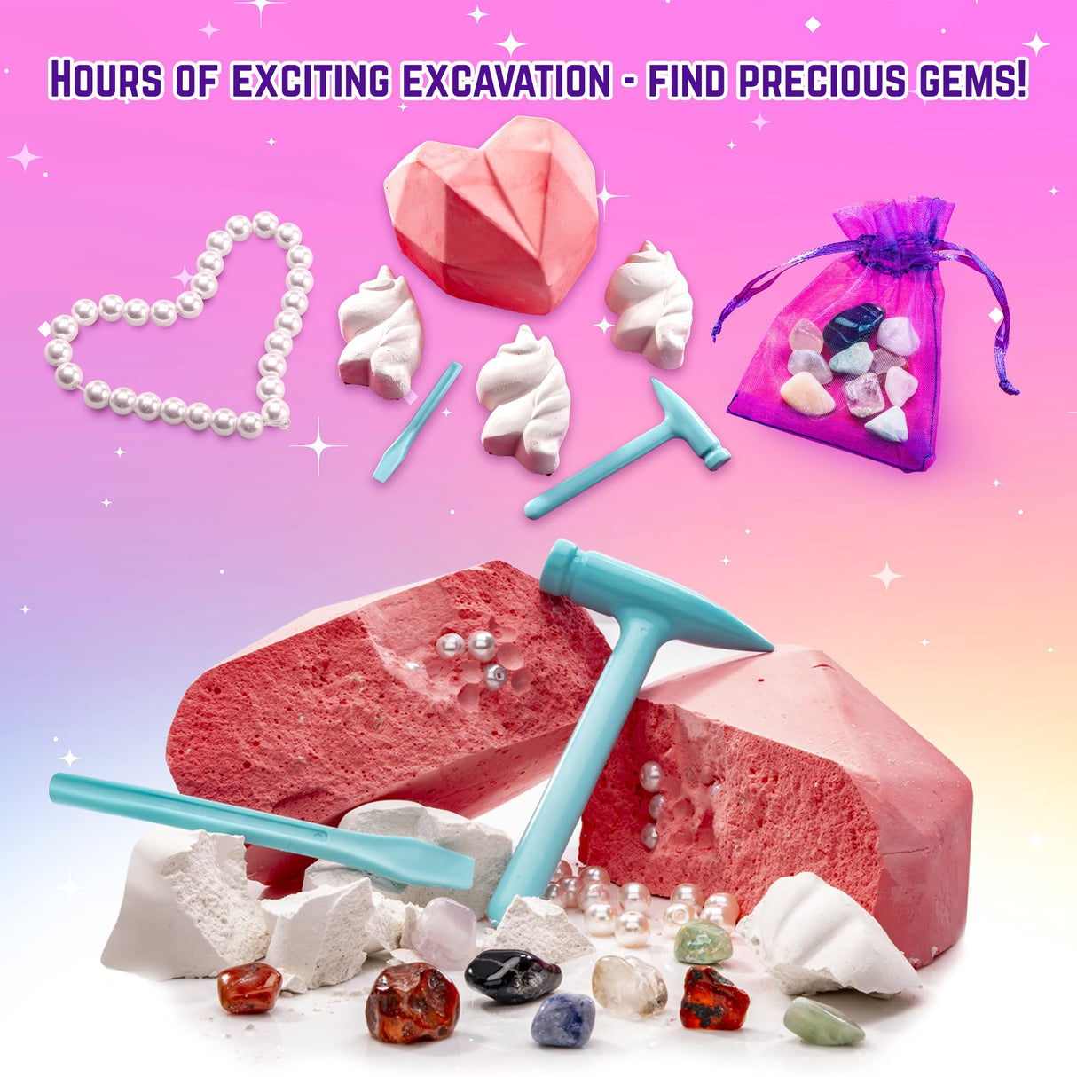 GirlZone Unicorn Gemstones Discovery Dig Kit, 13 Gemstone Dig with Slime and Precious Gems, Gift-Ready DIY Bracelet Kit, STEM Craft for Kids Age 12-14, Perfect for Valentine Gifts GirlZone