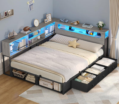 ADORNEVE Corner Bed Frame Full Size with Bookcase Storage & RGB Lights, Charging Station, Metal Daybed with 3 Drawers & 2 Open Cubbies, for Teens, Small Space, Black & Oak Grey