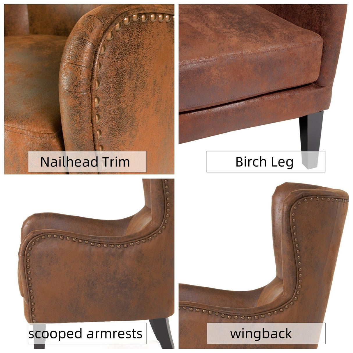 Merax 2Pcs Club Accent Upholstered Wingback Chair with High-Back, Mid-Century Modern Arm Reading Lounge Lazy Side Sofa Seating for Living Room, Corner, Bedroom, Dorm, Retro Cowboy, Brown Merax