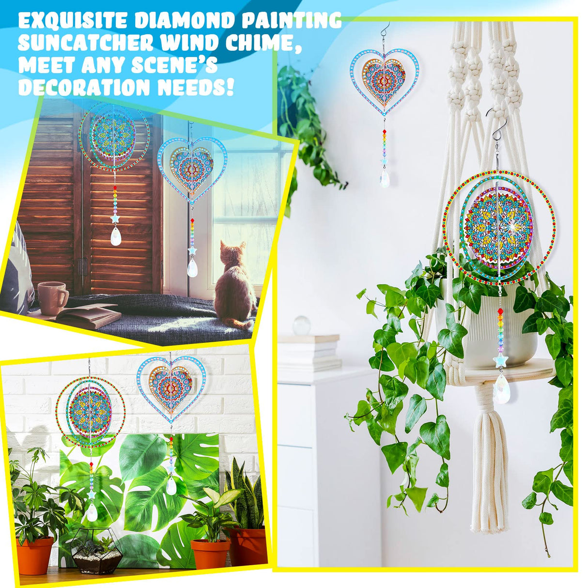 Queekay 2 Pieces 3D Diamond Painting Wind Chime Diamond Art Suncatcher Kits Three Dimensional by Number Hanging Ornament Double Sided Crystal Suncatcher Window Decor for Home Wall Garden(Heart) Queekay