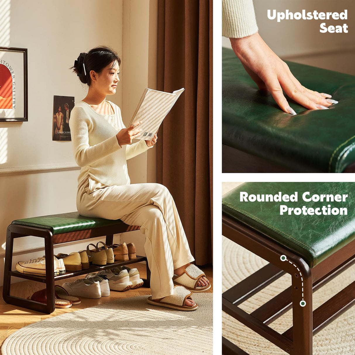 Solid Wood Shoe Bench, 2-Tier Wooden Storage Entryway Bench, Mid-Century Modern Shoe Bench Rack, End of Bed Bench with Faux Leather Cushion, Ottoman Bench for Hallway, Living Room (Walnut, 31.5'') Fetuero