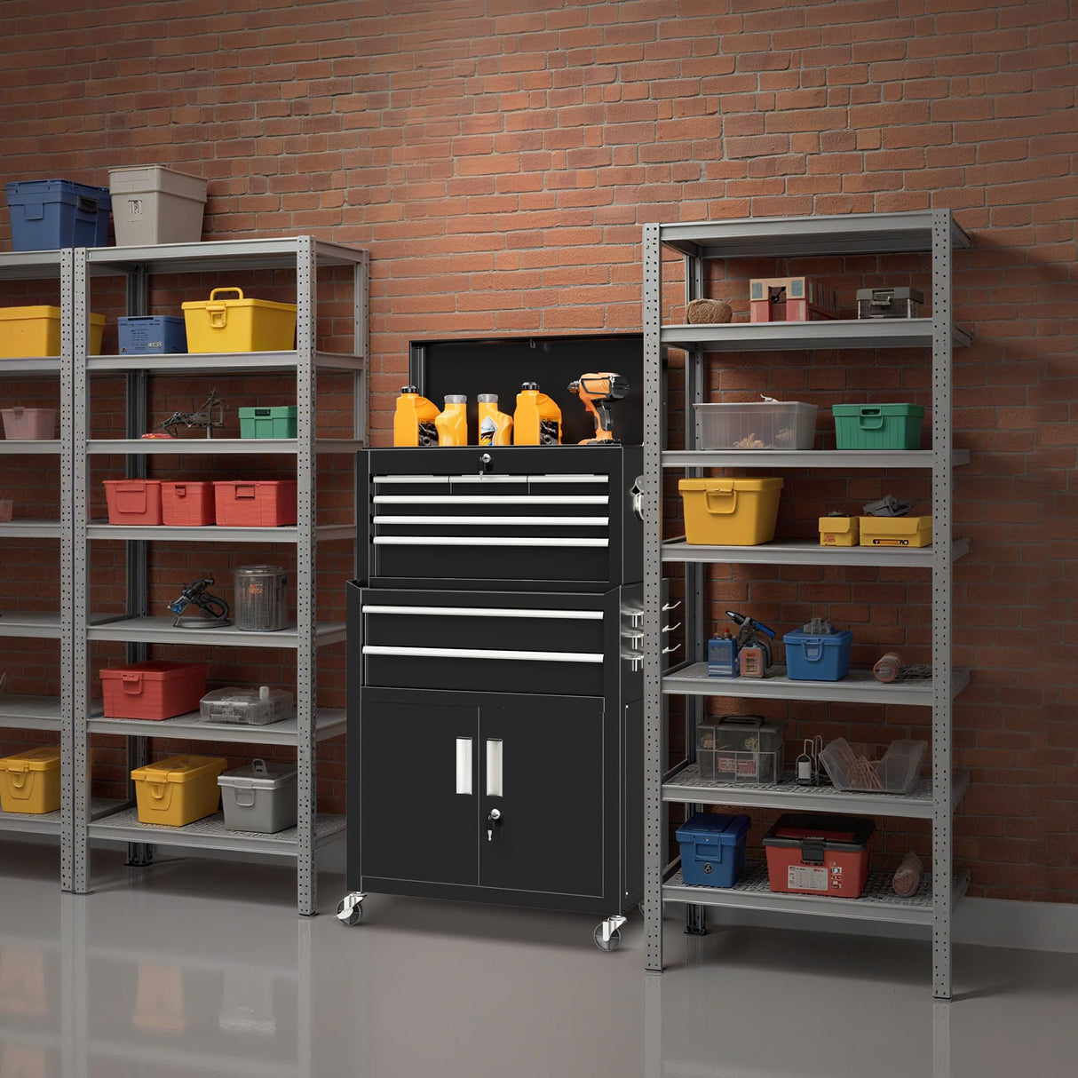 Bonusall 8 Drawer Rolling Tool Chest and Cabinet Combo,Heavy-Duty Metal Garage Tool Chest with Wheels and 2 Doors,2-in-1 Top Box and Roller Cabinet Combo for Garage, Workshop, Warehouse-Black Bonusall