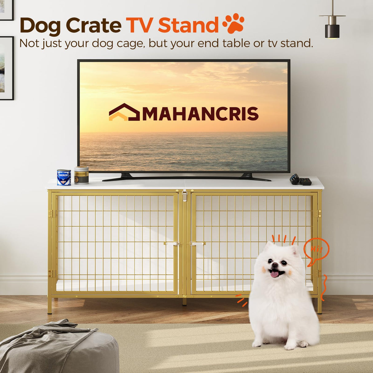 MAHANCRIS Dog Crate Furniture for 2 Dogs, 43.3" Dog Kennel with Removable Divider, Heavy Duty Wooden Dog Kennel for Small Medium Dog, Indoor Dog Cage End Table with Double Doors, White DCJW1201 MAHANCRIS