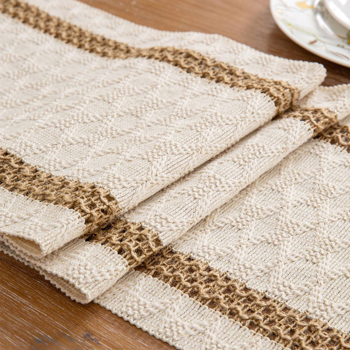 Niviy Boho Table Runner for Thanksgiving Christmas Winter Home Decor 72 Inches Long Farmhouse Macrame Table Runner Cotton Linen Woven Table Runners for Dining Table Decoration, Beige & Brown Niviy