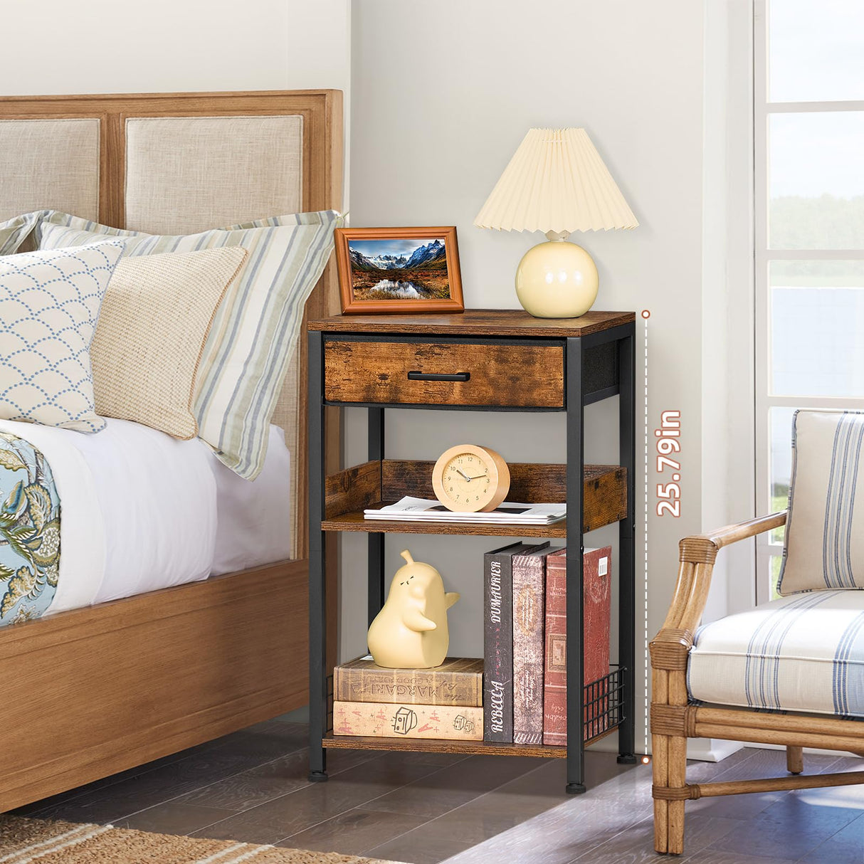 Lerliuo End Table with Fabric Drawer,3 Tier Industrial Wood Side Table with Storage,Modern Tall Printer Stand,Vintage Brown Nightstand,Rustic Bedside Tables for Living Room Bedroom Small Spaces Lerliuo