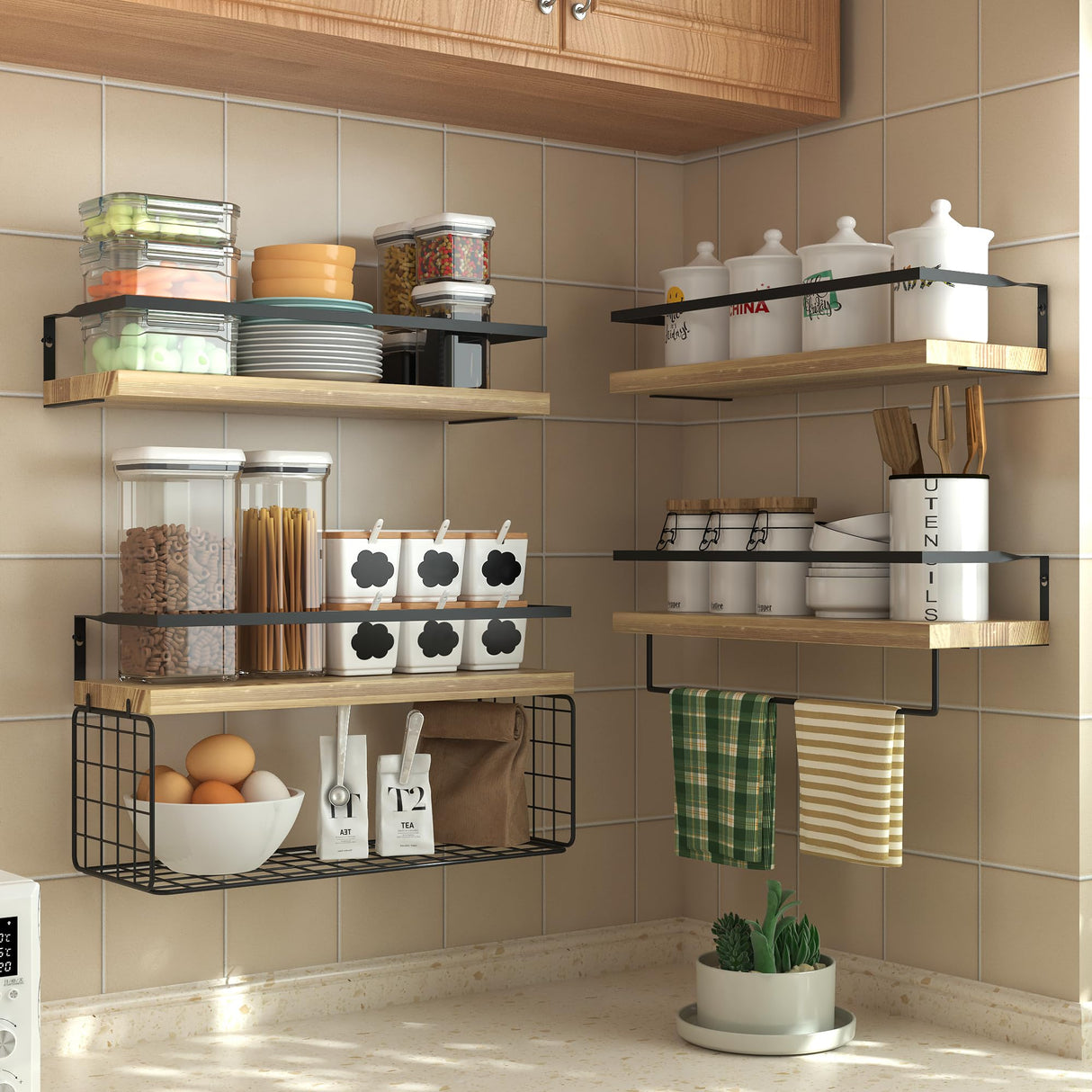 LUDORU Wood Floating Shelves Wall Mounted - 4+1 Tier Rustic Bathroom Wall Shelves Over Toilet with Wire Storage Basket and Towel Bar, Set of 4 Farmhouse Floating Shelf for Bathroom, Kitchen, Bedroom. LUDORU