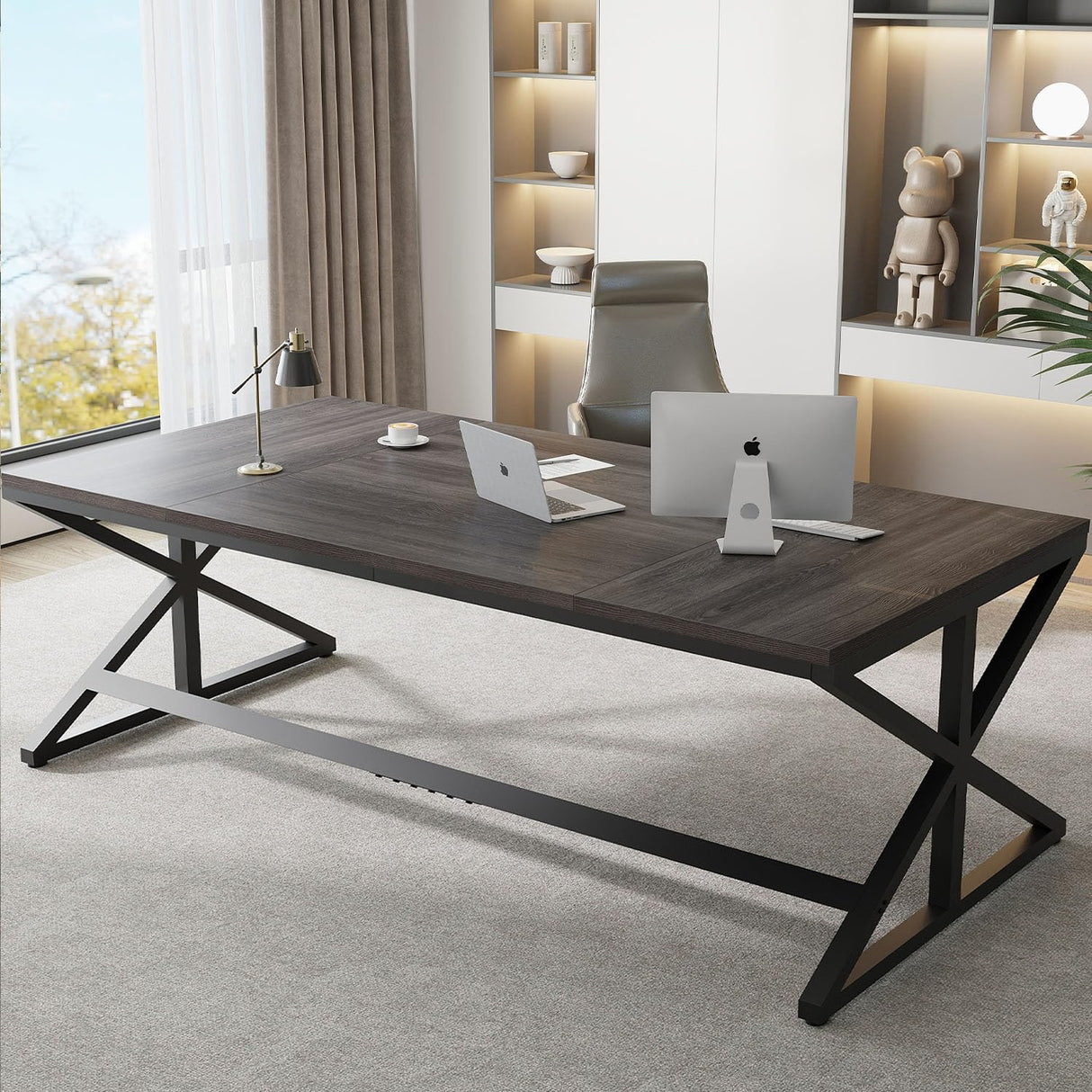 IBF Long Grey Computer Desk, Modern Large Wood Metal Office Desk, Industrial Pc Study Gaming Writing Table for 2 Person, Executive Workstation for Home Bedroom Living Room, Dark Gray, 70 Inch IBF