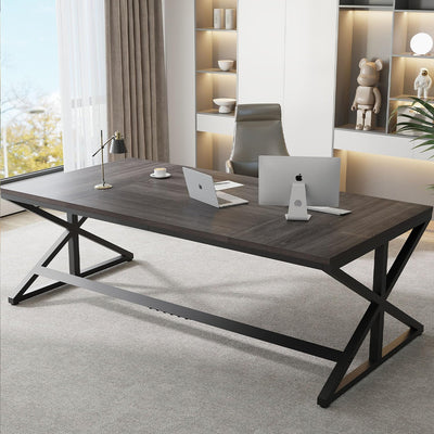 IBF Long Grey Computer Desk, Modern Large Wood Metal Office Desk, Industrial Pc Study Gaming Writing Table for 2 Person, Executive Workstation for Home Bedroom Living Room, Dark Gray, 70 Inch