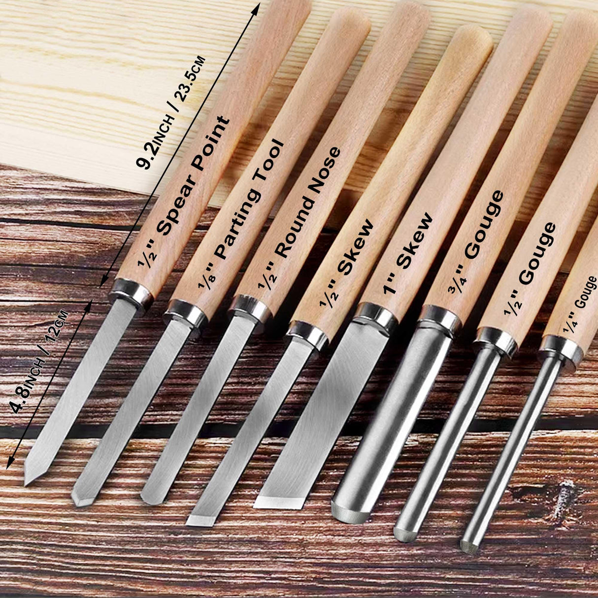 Hanpex 8 Piece Heavy Duty Wood Turning Chisel Set, Lathe Chisel Cutting Tools, (3) Gouge (1) Round Nose (1) Spear Point (2) Skew and (1) Parting Tools for Beginner to Professional Hanpex