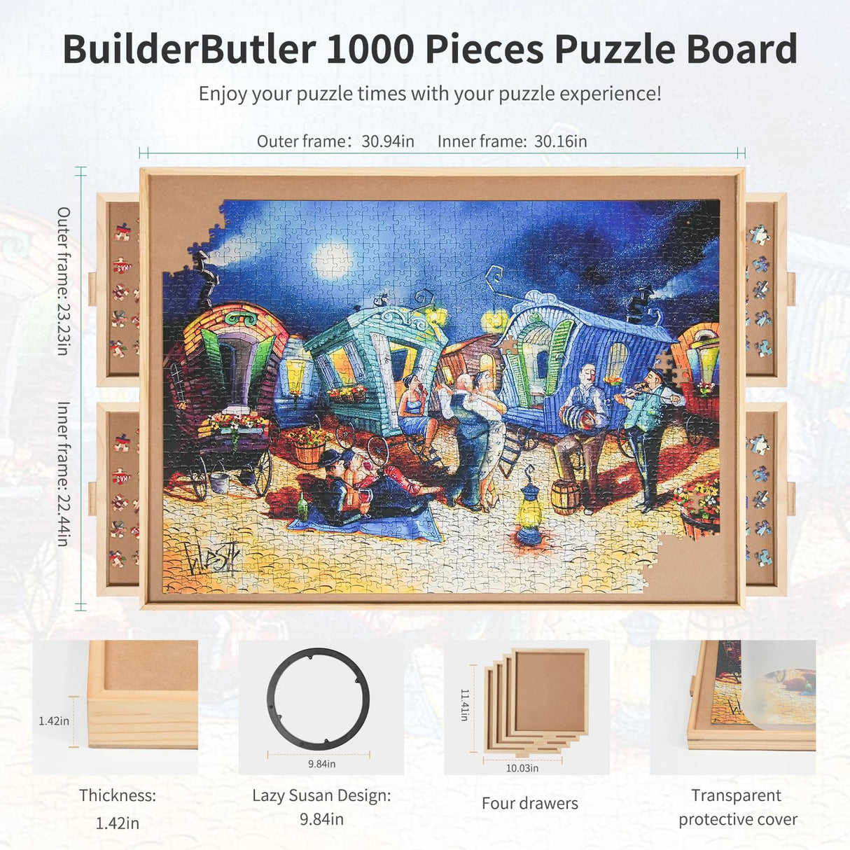 1000 Pieces Rotating Puzzle Board with 4 Drawers,30.16"x22.44" Portable Wooden Jigsaw Puzzle Table with Lazy Susan Spinning Cover for Adults BuilderButler