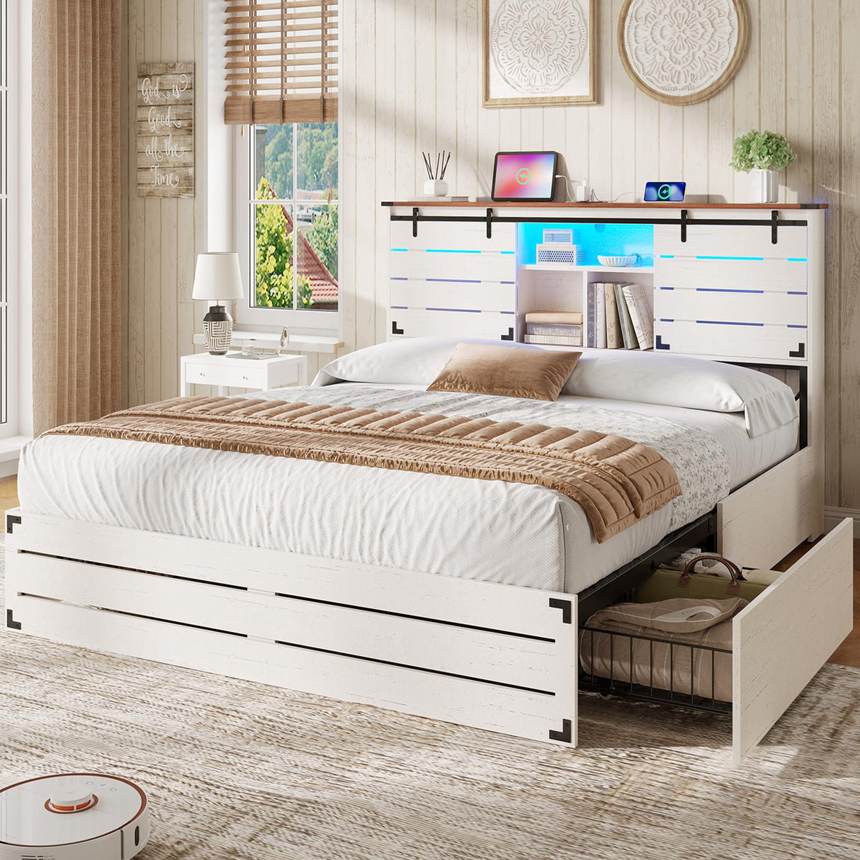 VIAGDO Wooden Bed Frame Queen Size with Bookcase Headboard and Sliding Barn Door, Farmhouse Queen Bed Frame with Charging Station, LED Lights and 4 Storage Drawers, No Box Spring Needed, White VIAGDO