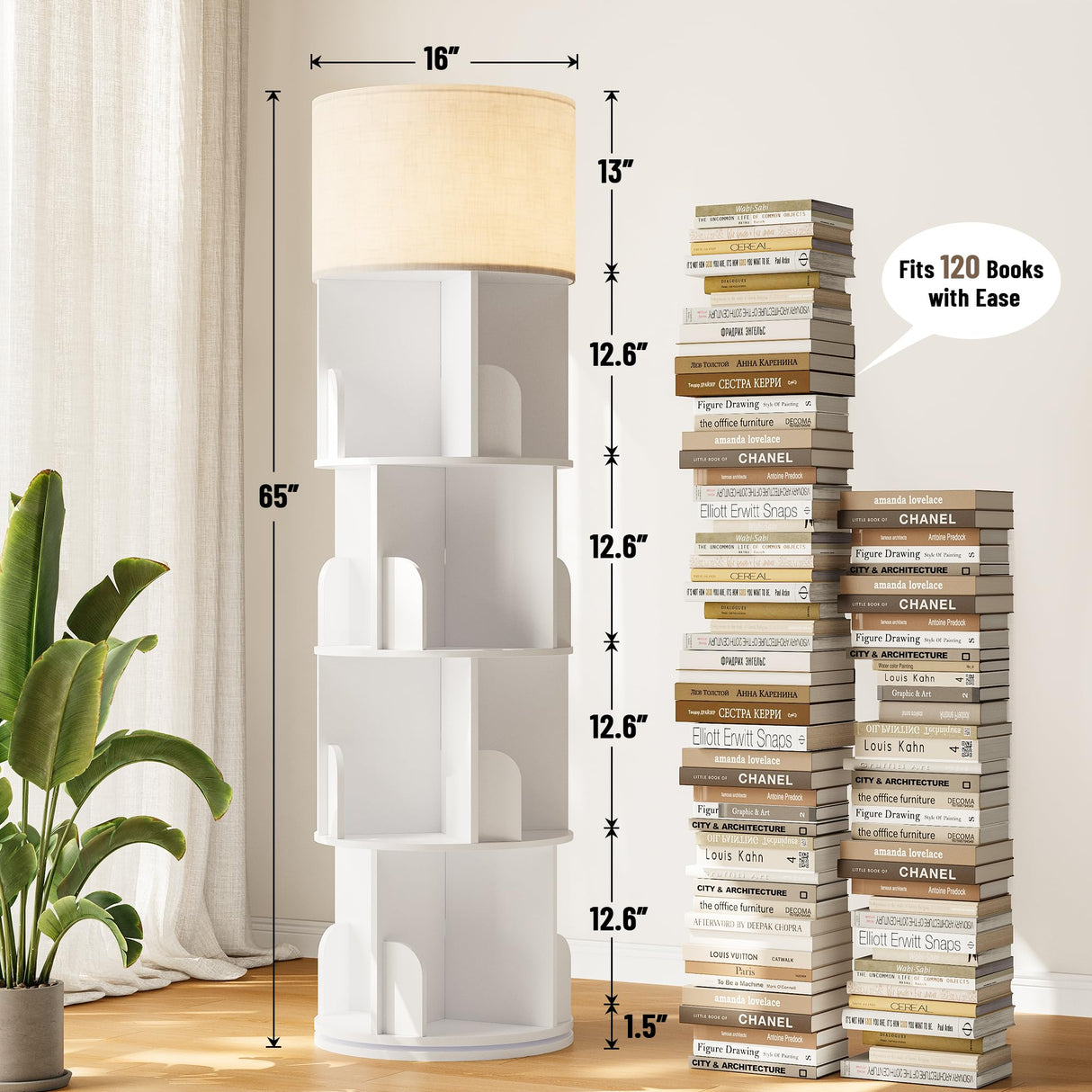 INNOD Rotating Bookshelf with Light, 4 Tier Spinning Bookshelf Tower, 360° Revolving Bookcase, Small Corner Book Shelf for Kids Rooms, Bedrooms, Living Rooms, Home Offices, and Compact Areas, White INNOD
