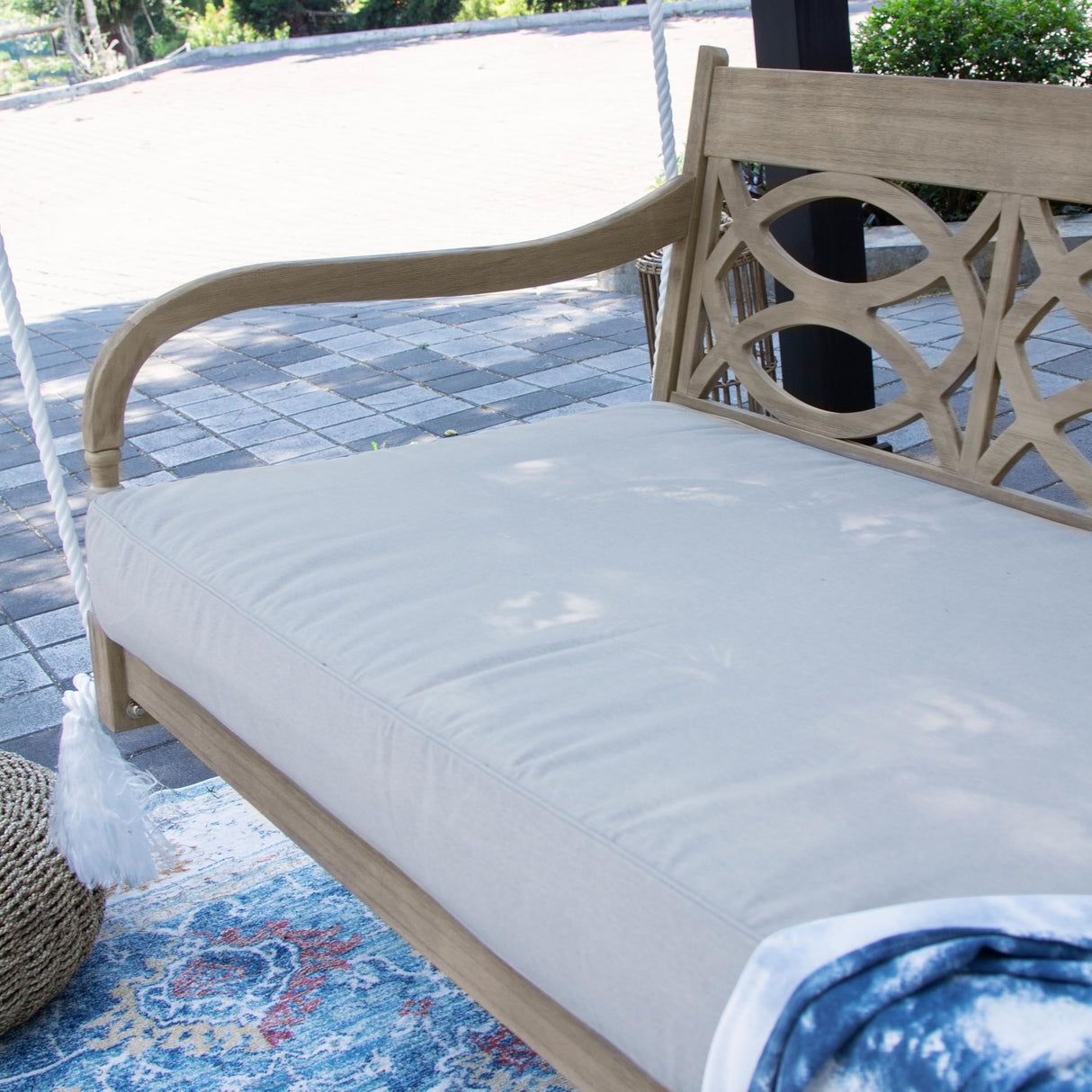 Cambridge Casual Renley Mahogany Porch Swing Bed with Oyster Cushion – Outdoor Hanging Swing Daybed for Patio, Backyard, or Garden – Durable Solid Wood, Weather-Resistant Cambridge Casual