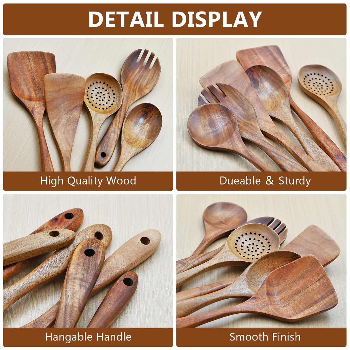 Wooden Spoon Set-6 Piece Wooden Cutlery-Daily Wooden Cutlery Cooking Spoon-Natural Teak Kitchen Set-Teak Cooking Utensils with Smooth Non-Stick Surface-For use in the kitchen when cooking Zalaxt