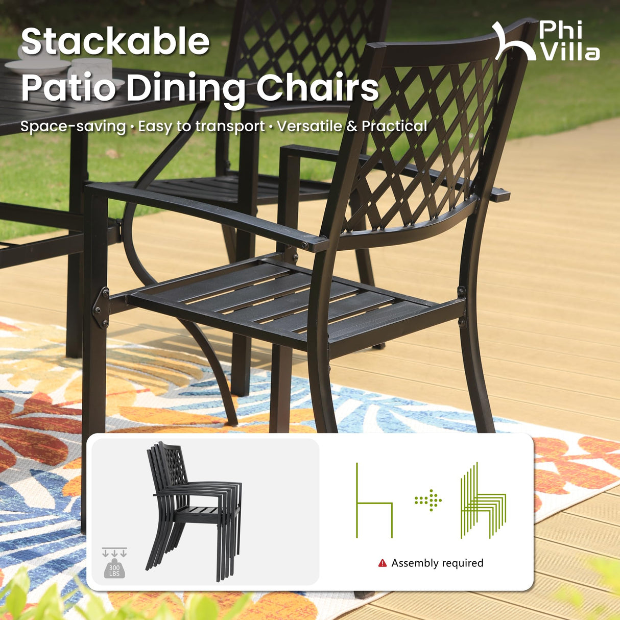 PHI VILLA 7-Piece Metal Patio Outdoor Table and Chairs Outdoor Dining Set - 60" Patio Table with Umbrella Hole and 6 Backyard Garden Chairs, Black PHI VILLA