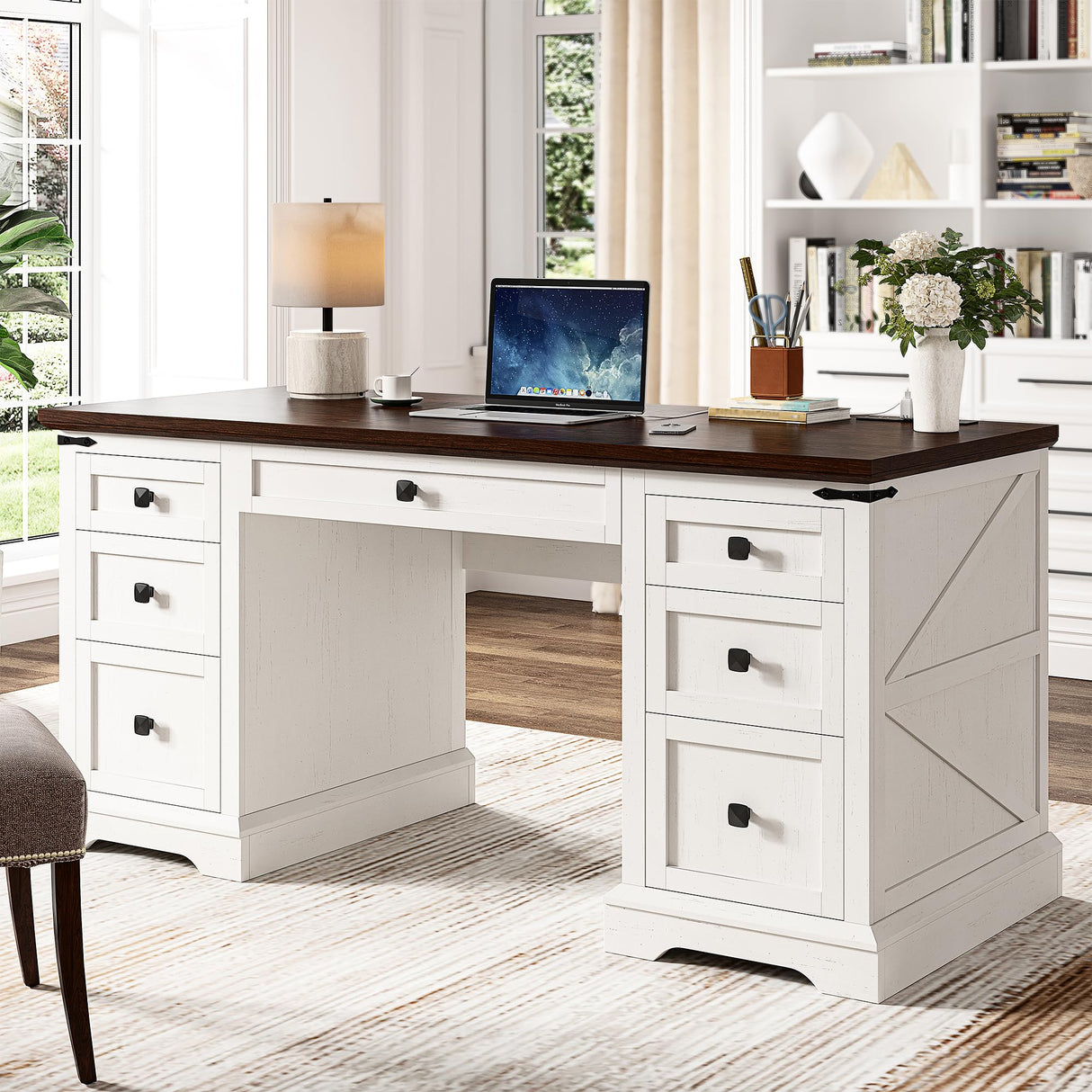 EnHomee 55" Computer Desk with 7 Drawers Farmhouse Computer Desk with Charging Station Home Office Desk for Study, Bedroom, Living Room, Office Desk,Desk,Brown+White,Dark Rustic Oak EnHomee