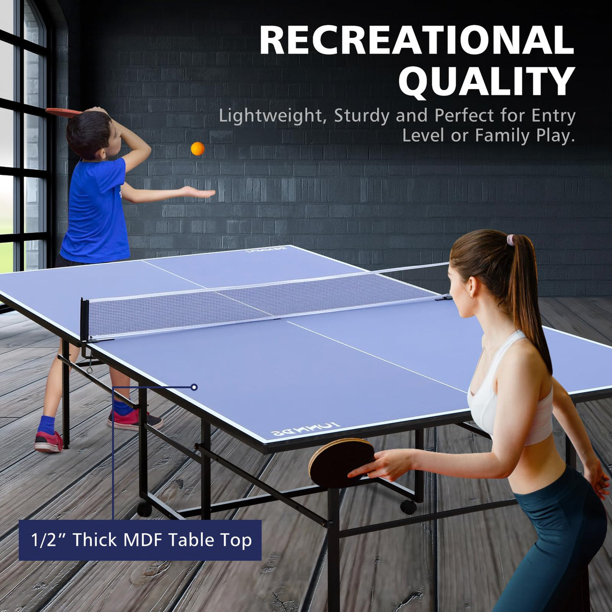 HaoKang Folding Rolling Table Tennis Table Regulation Ping Pong Table with 2 Paddles 2 Balls 1 Net and Post Set Fold-Up Design 4 Wheels for Easy Movement, BLUE HaoKang