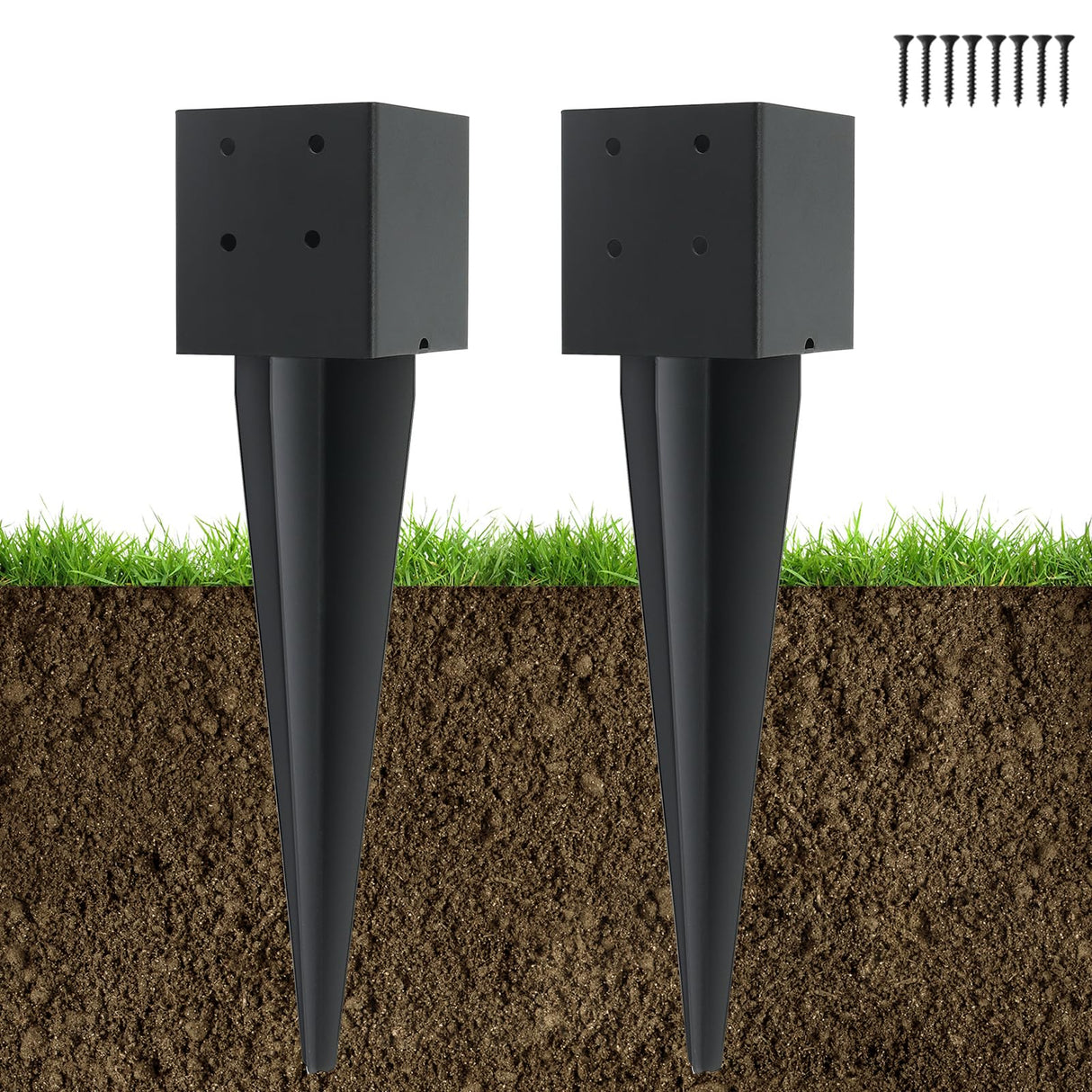 POSTYBAY 2 Pcs 4"x4" Fence Post Anchor Ground Spike 16"(Actual 3.6"x3.6") Heavy Duty Metal Fence Post Anchor with Black Powder-Coated for Deck,Fence,Porch,Railing,Mailbox POSTYBAY