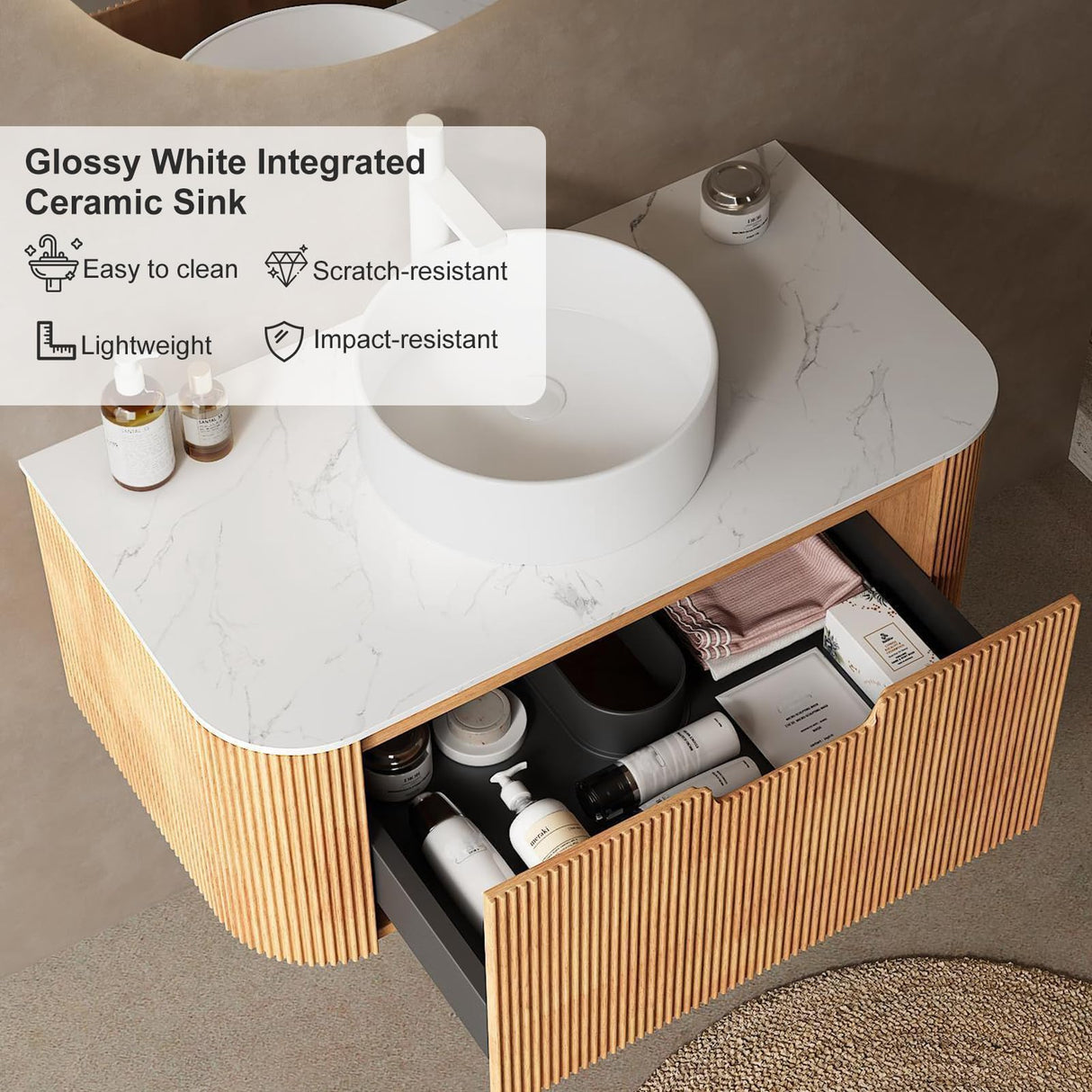 36 inch Bathroom Vanity with Sink, Floating Cabinet with Ultra-Thin Ceramic Basin and Marble Top, Large Storage Drawer, Soft-Close Design, Nature Wood AmbroVania