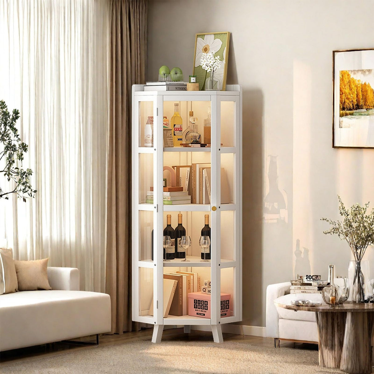 HXUQCZIG Tall Corner Curio Cabinet with Glass Doors, 5-Tier Shelves with Top Guard Rail for Living Room, Bathroom, Kitchen, Home Office White Corner Display Cabinet HXUQCZIG