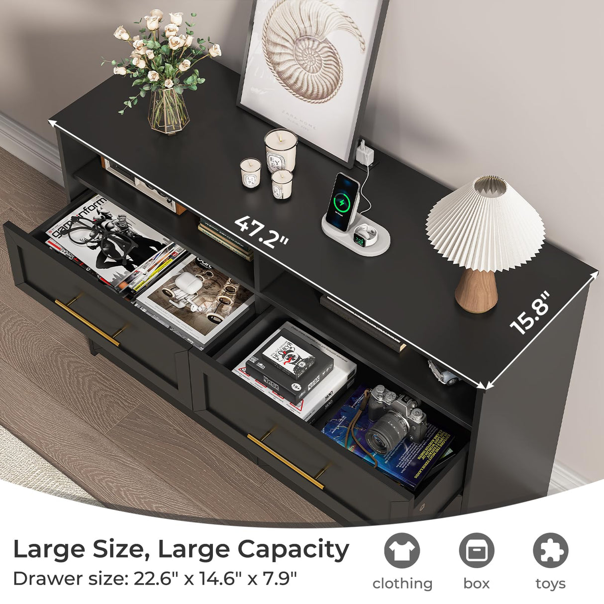 MSmask Black Dresser with LED Lights and Charging Station, Chest of 6 Drawers for Bedroom, Wood Dressers with Open Storage, Closet Organizer for Bedroom, Living Room, Entryway MSmask