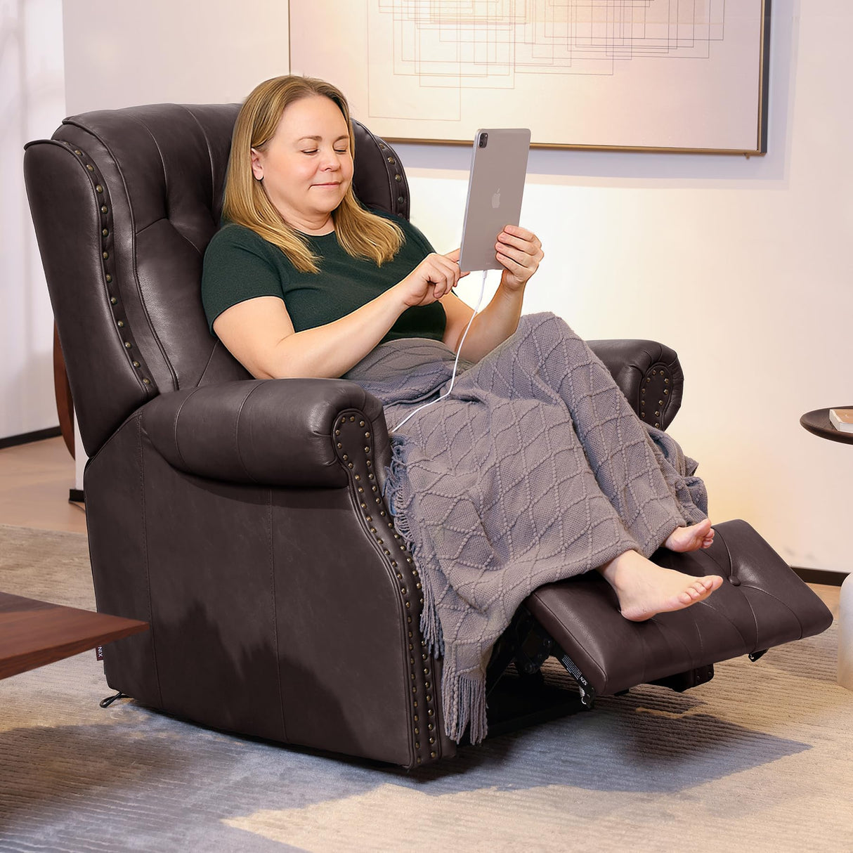 EONIX Dual Motor Lay Flat Power Recliner Chair, Mid Century Wingback Recliner with Independent Adjustable Backrest and Extended Footrest, 400lbs Heavy Duty, Breathable Faux Leather, Dark Brown EONIX