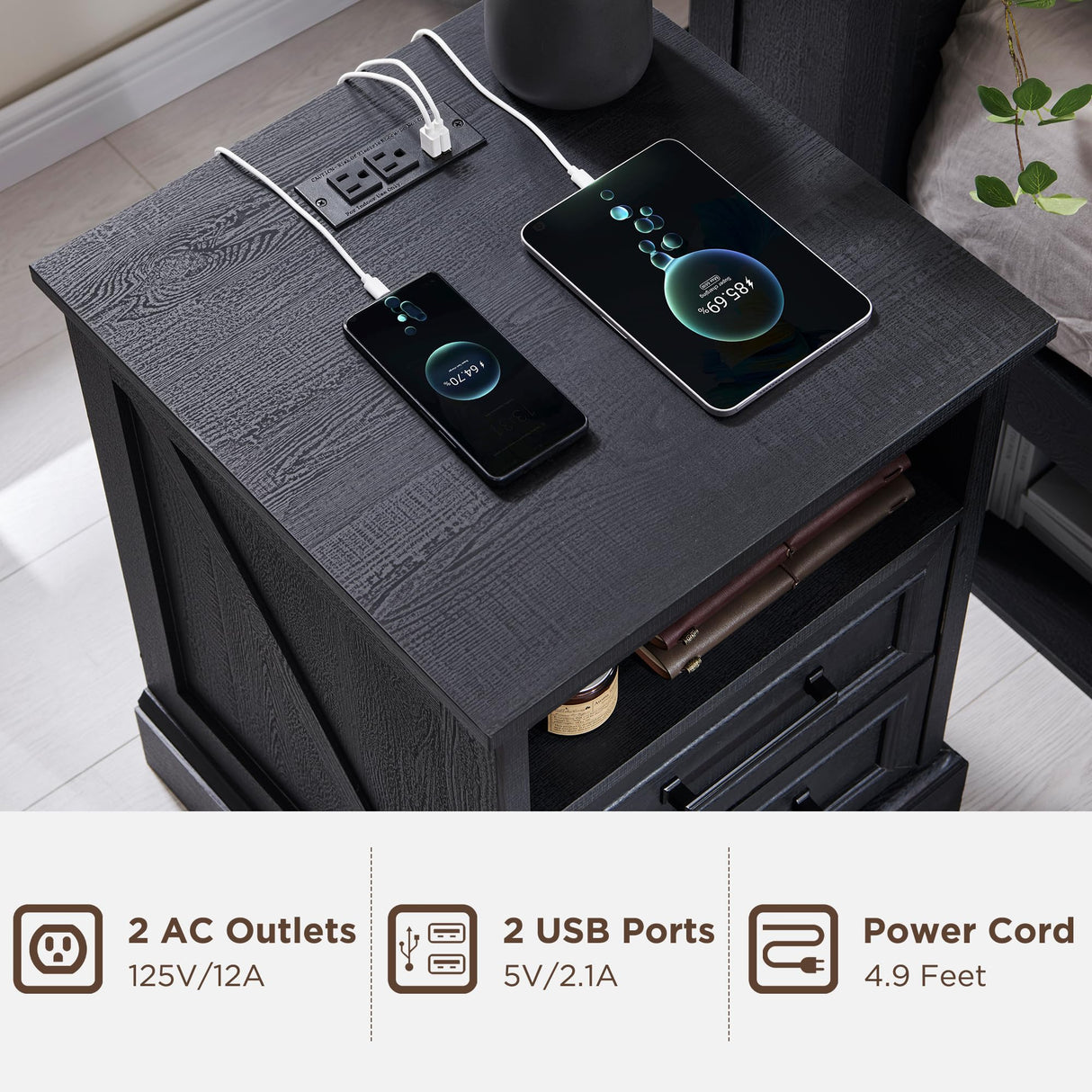 ACCOHOHO 18" Farmhouse Nightstand with Charging Station,End Table with 2 Drawers Storage,Side Table,Bedside Cabinet for Bedroom,Living Room,Black ACCOHOHO