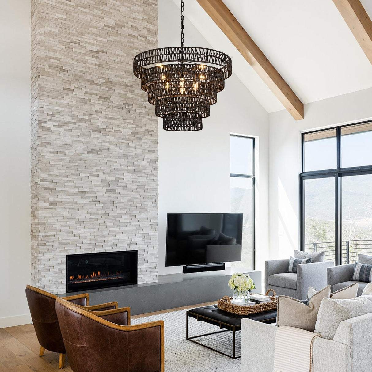 Widluth 25.6” Black Hand-Woven Rattan Chandelier Vintage Farmhouse 8-Lights Boho Large Bamboo Chandelier Light Fixture Retro 5-Tier Drum Wicker Chandelier for Dining Room, Kitchen, Bedroom, E12 Widluth