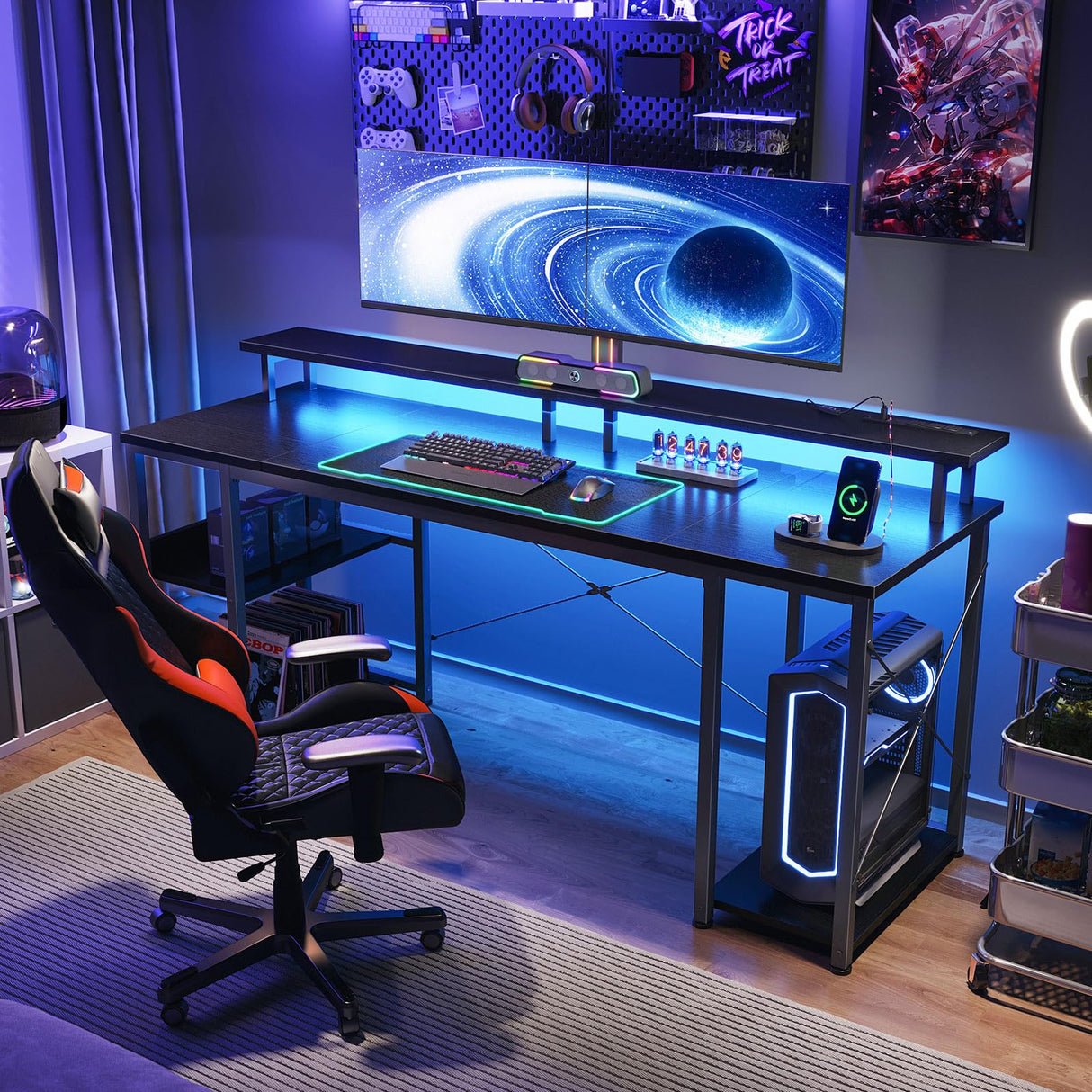 ODK 63 inch Computer Desk with Power Outlets & LED Lights, Gaming Desk with Monitor Stand & Storage Sheves, Home Office Desk, Black ODK