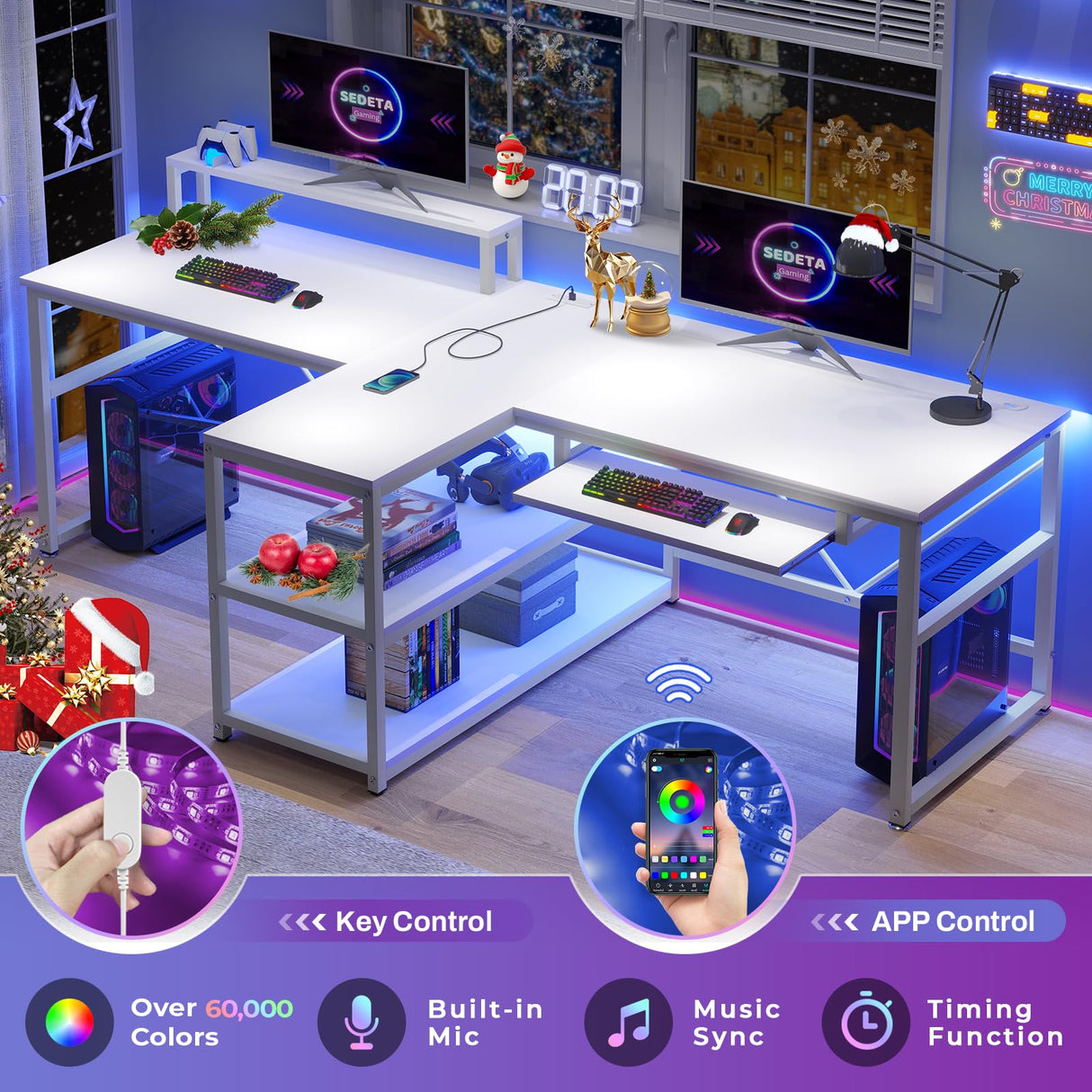 SEDETA 94.5" White Computer Desk, Two Person Gaming Desk with LED Light, Keyboard Tray, Power Strip with USB, Monitor Shelf & Storage, Extra Long Double Desk for Home Office, White. SEDETA