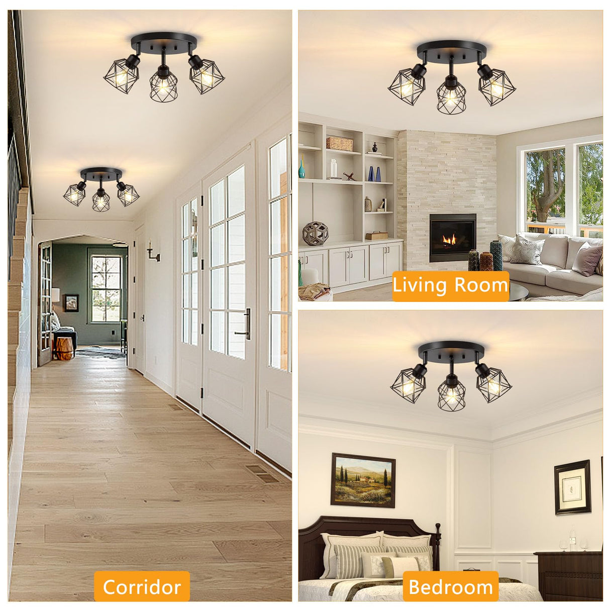 Baocuz 3-Light Kitchen Flush Mount Ceiling Light, Adjustable Multi-Directional Ceiling Light Fixture, Farmhouse Black Metal Cage Close to Ceiling Lamp for Dining Room Bedroom Hallway Baocuz