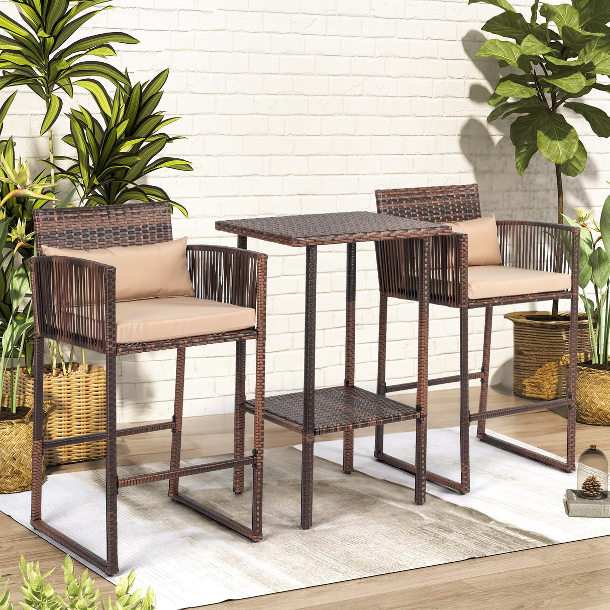 VINGLI 3 PCS Patio Bar Set Wicker, Outdoor Bar Table and Bar Stools with Storage Shelf and Cushions, Bar Height Outdoor Table and Chairs Wicker Furniture VINGLI