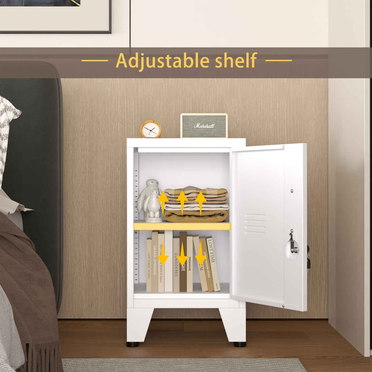 GAIOUS White Nightstand, Single Door Pantry Cabinet with Adjustable Shelf and Feet can be Used as Side Table, Stackable Small Storage Cabinet for Bedroom, Living Room, Office and Gym GAIOUS